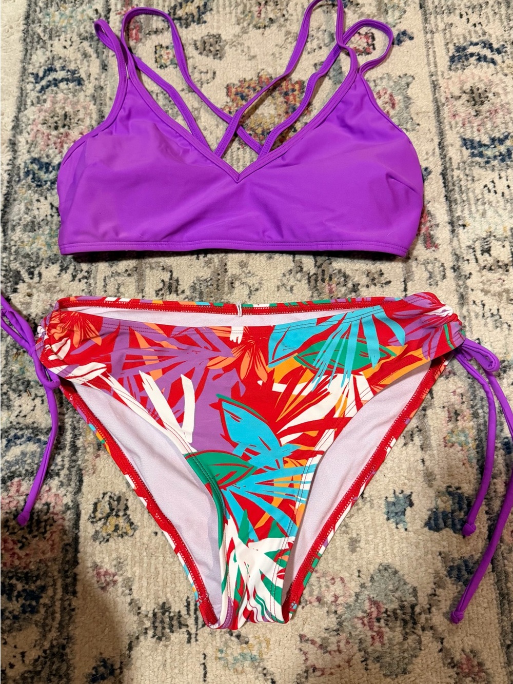 Cupshe Purple Strappy Bralette Bikini Top with Tropical Print Tie-Side Bottoms